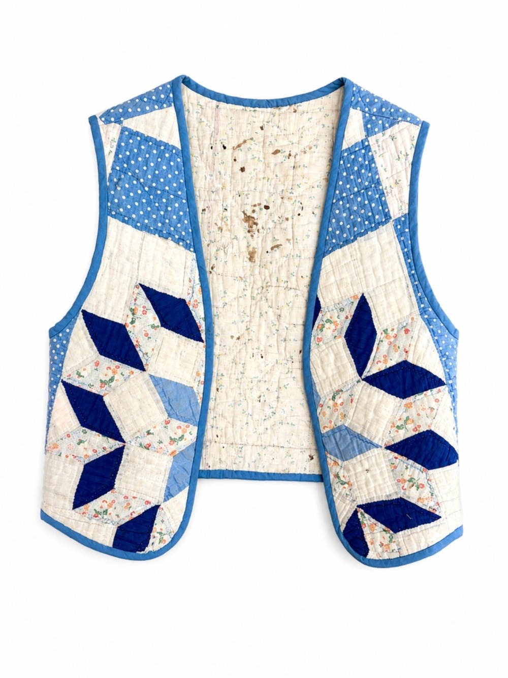 Vintage Handmade Quilt Vest Blue White Floral Patchwork Folk Art Medium Large